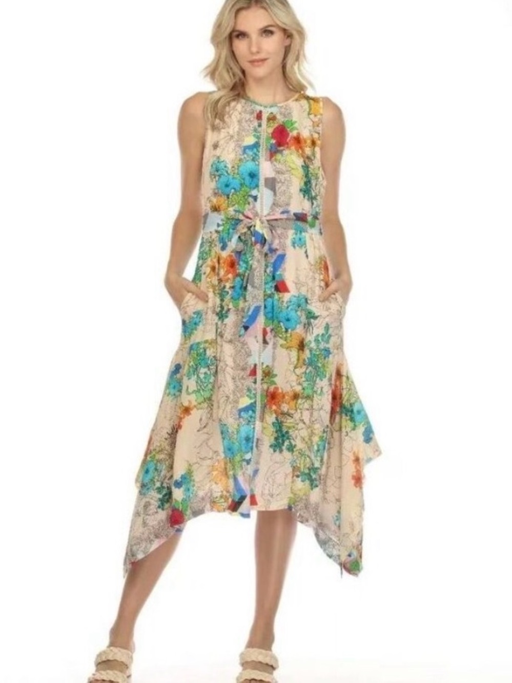 Johnny Was Naia Silk Cream Floral Handkerchief Midi Dress with Multicolor Print